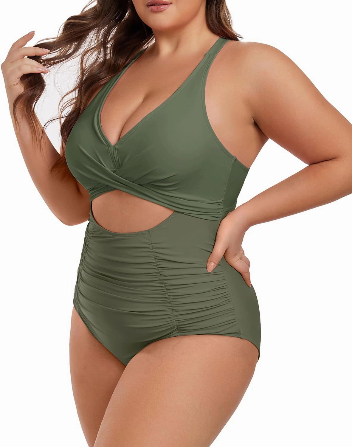 Plus Size One Piece Swimsuit for Women Tummy Control Bathing Suit Cutout High Waisted Tie Back 1 Piece Swim Suit