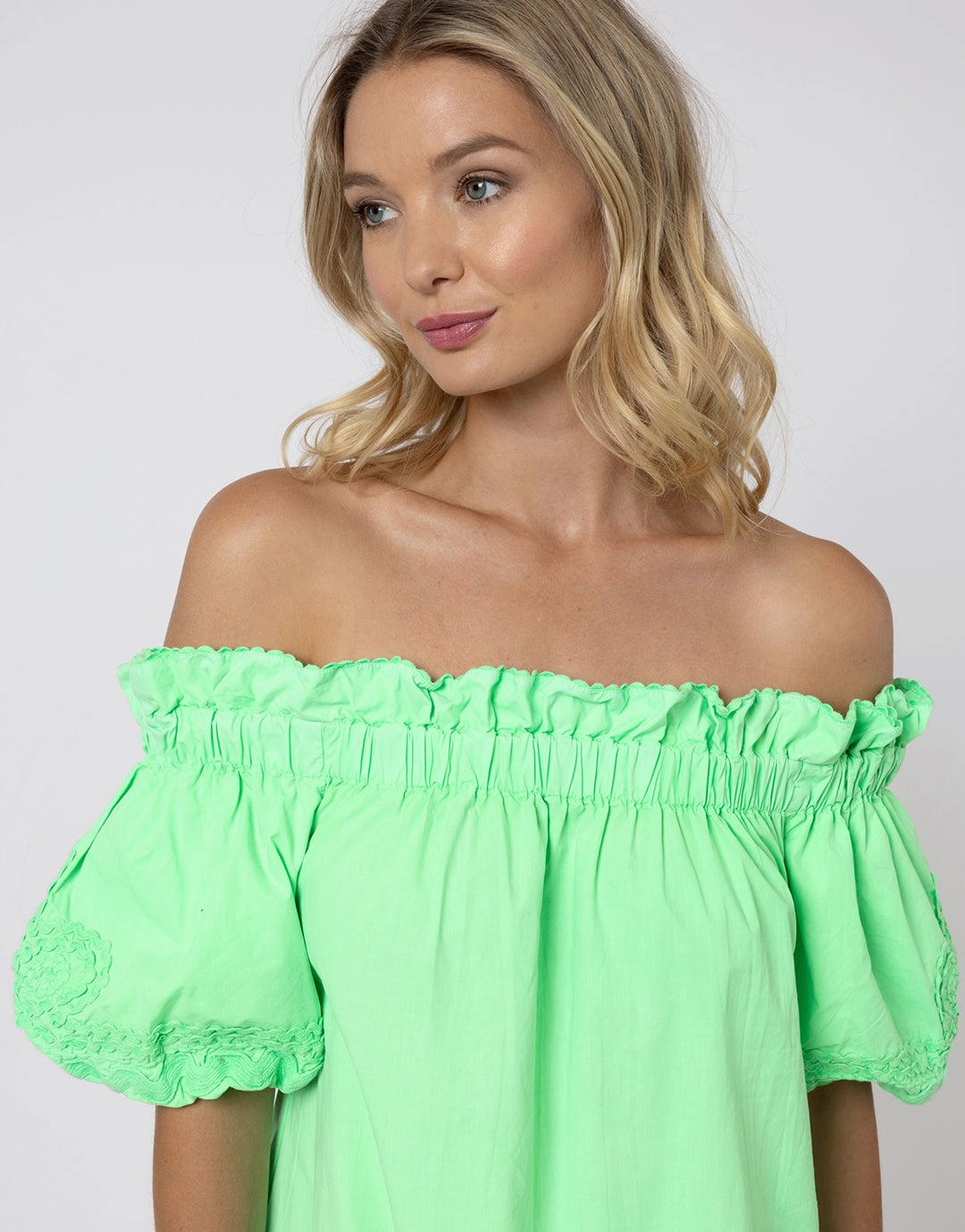 Poplin Off Shoulder Mini Dress with Ric-Rac - Apple