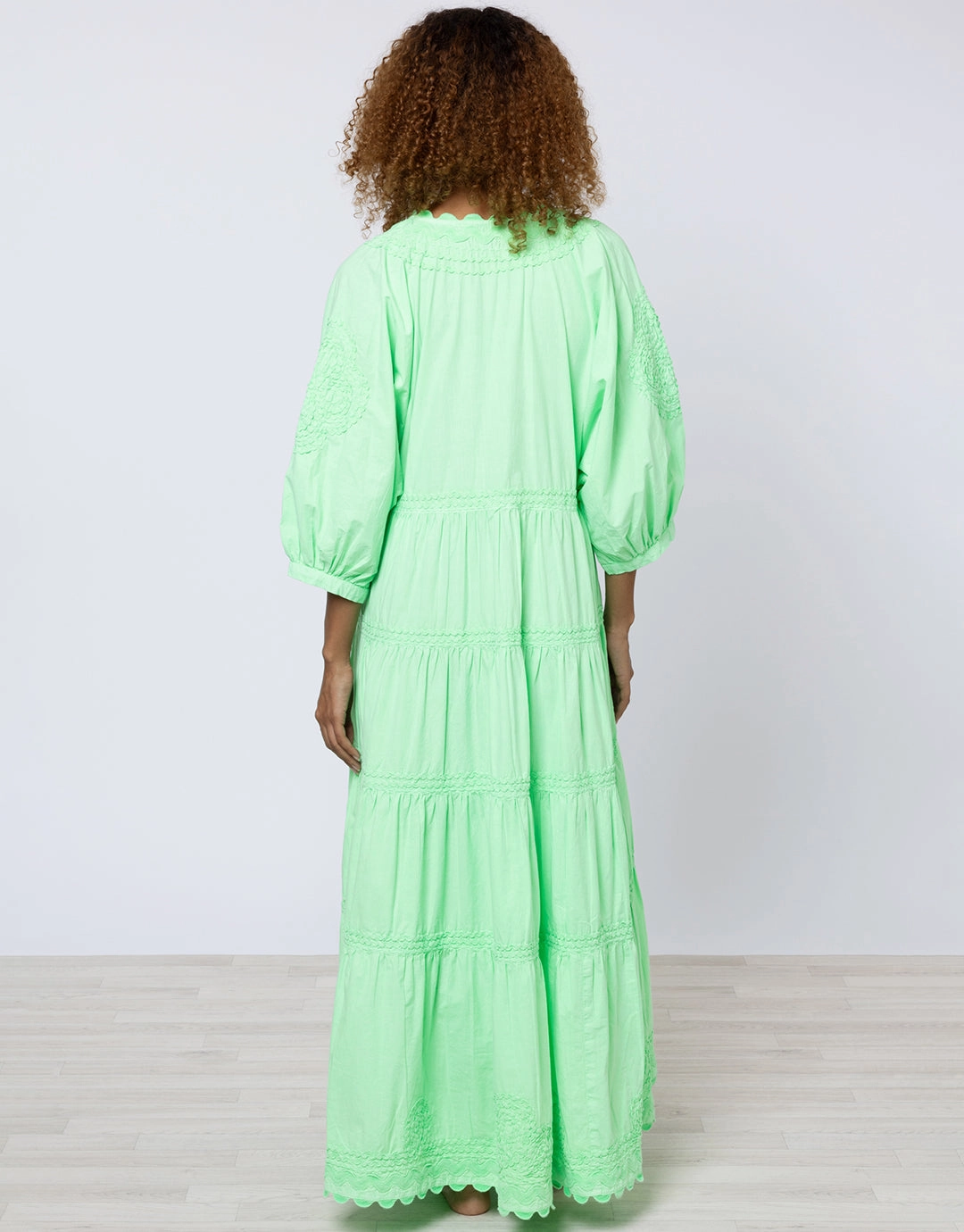 Poplin V-Neck Loose Maxi Dress with Ric-Rac - Apple