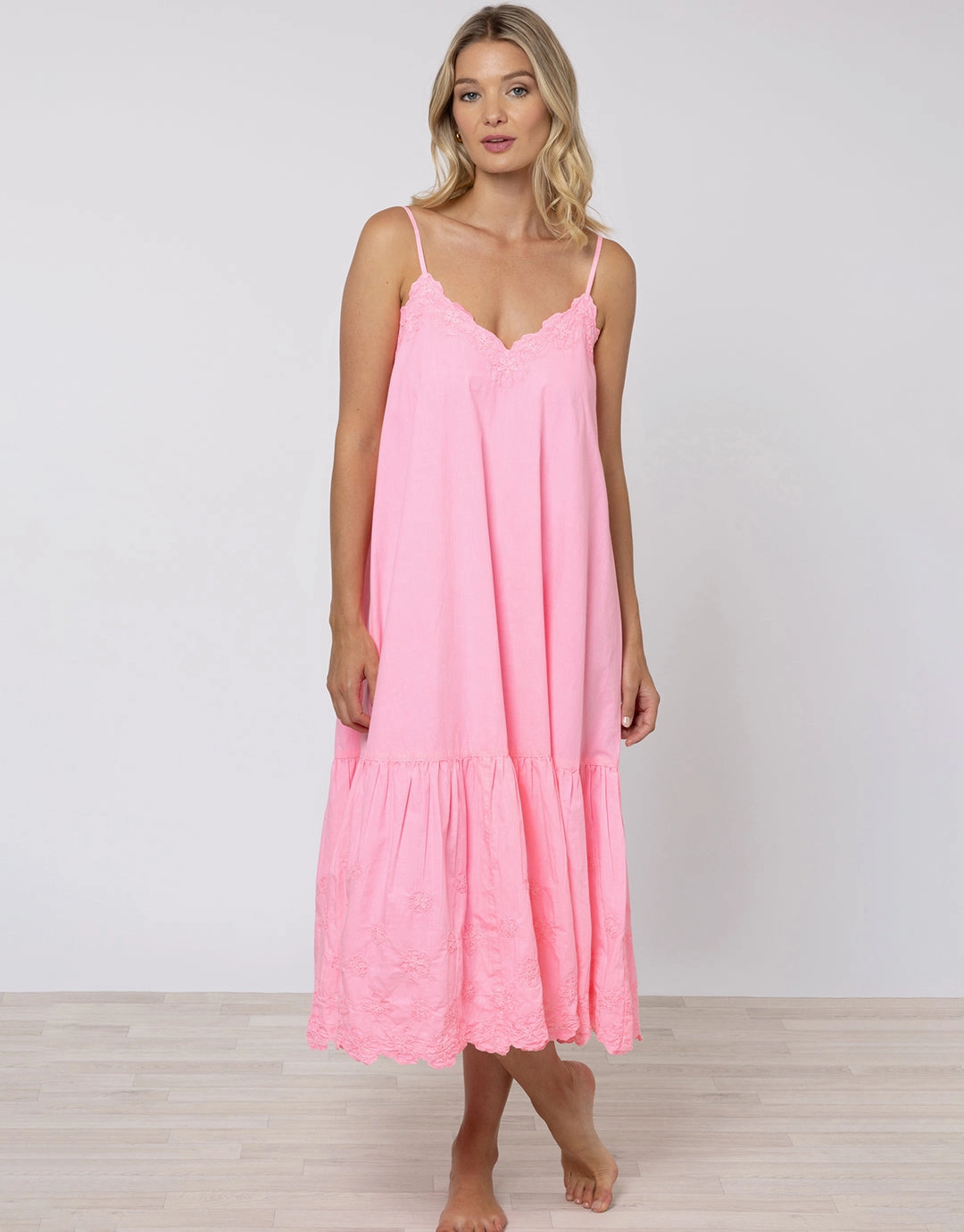 Poplin V-Neck Midi Dress with Cord Flower - Pink Grapefruit
