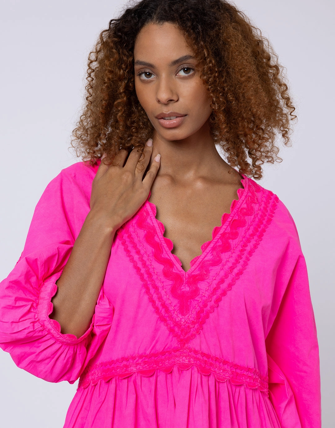 Poplin V-Neck Tiered Mini Dress with Ric-Rac - Indian Pink
