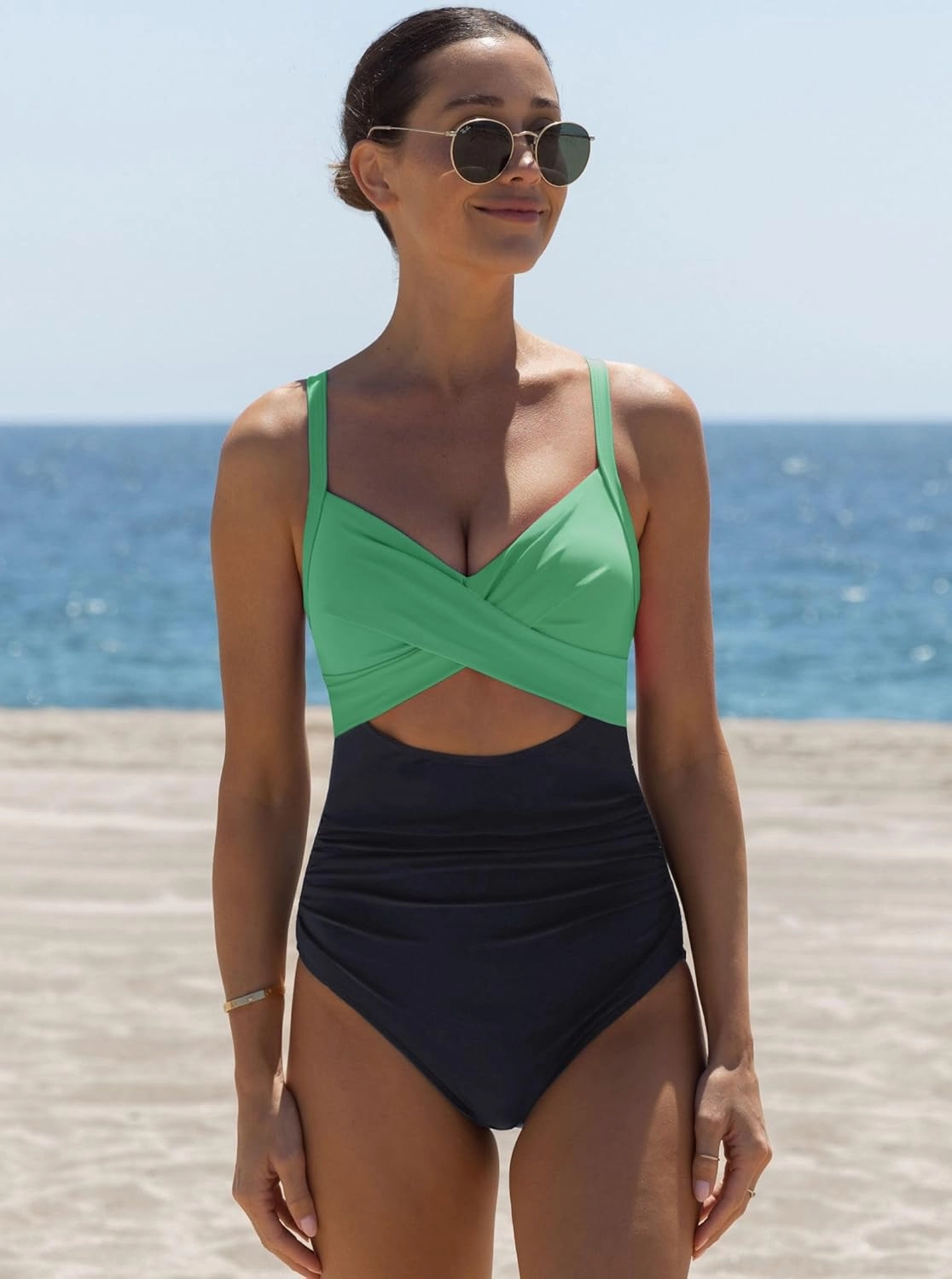 popvil One Piece Swimsuit Women 2025 Tummy Control High Waisted Bathing Suit V Neck Swimwear Cut Out Tie Back Swim Suits