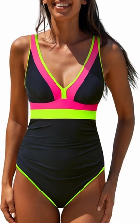 popvil One Piece Swimsuit Women 2025 Tummy Control Neon Color Block Bathing Suit Deep Vneck Tie Back Swim Suits Beach