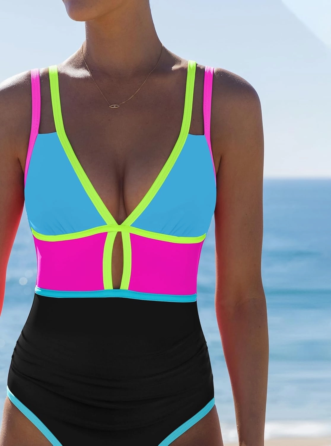 popvil Women One Piece Swimsuit 2025 Tummy Control Sexy Cutout Neon Color Block Bathing Suit Deep V Neck Adjustable Swimwear