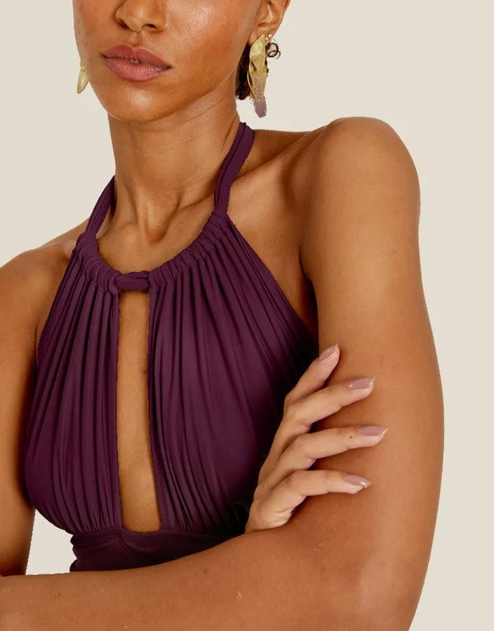 Ruched Adjustable Halter One Piece Plum