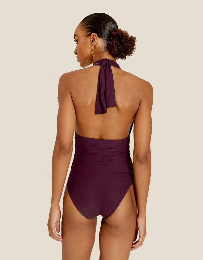 Ruched Adjustable Halter One Piece Plum