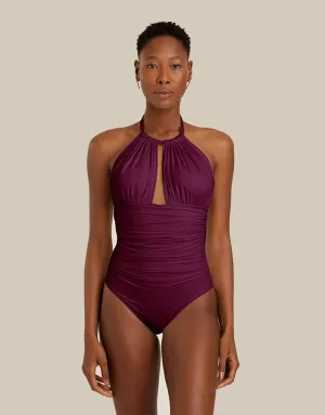 Ruched Adjustable Halter One Piece Plum