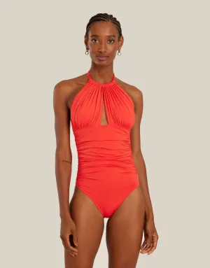 Ruched Adjustable Halter One Piece Watermelon