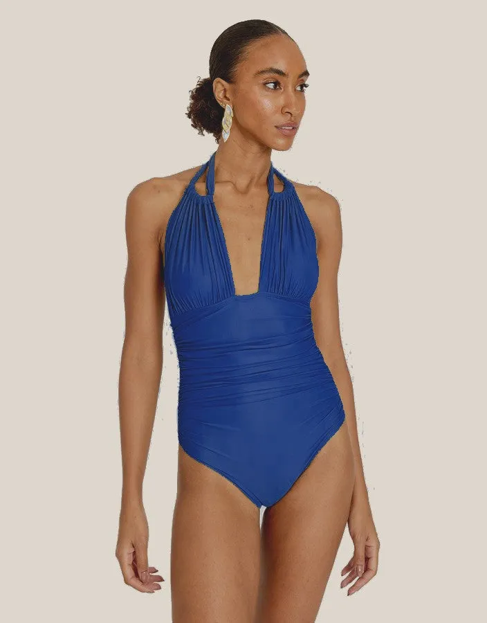 Ruched Halter Adjustable One Piece Azure