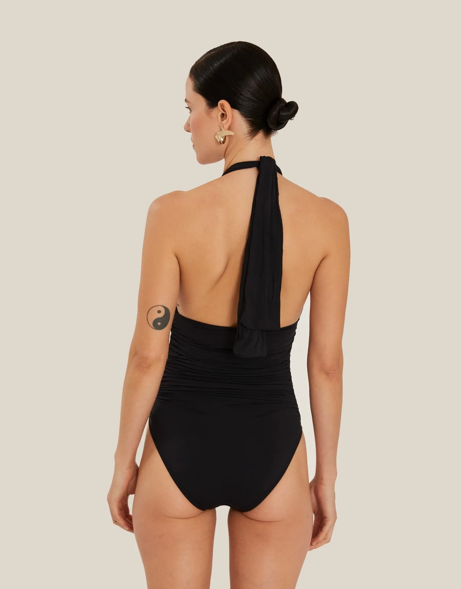 Ruched Halter One Piece Swimsuit Black