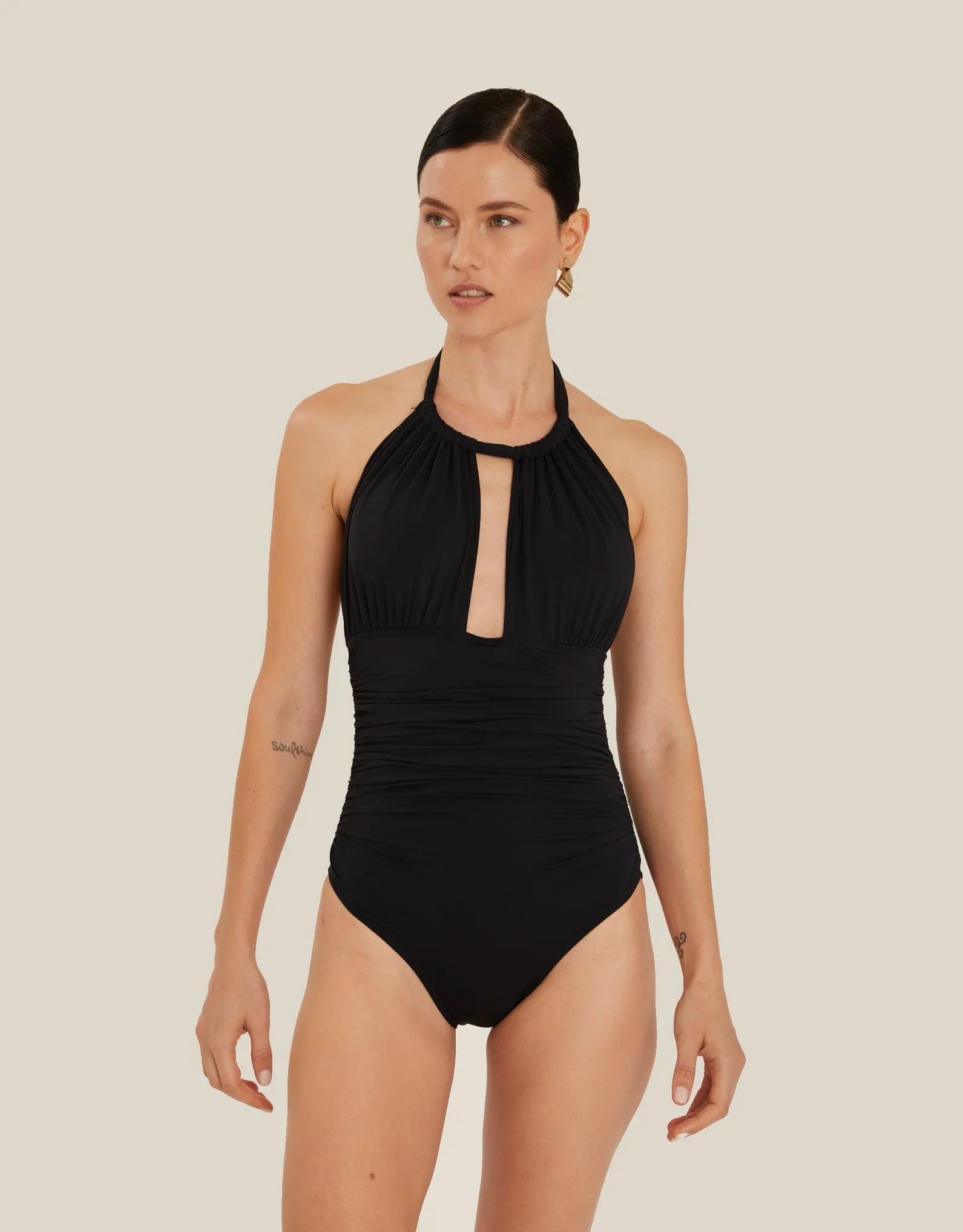Ruched Halter One Piece Swimsuit Black