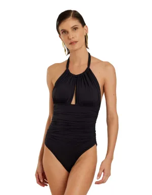 Ruched Halter One Piece Swimsuit Black
