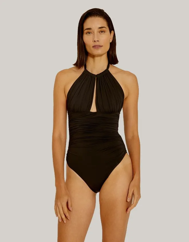 Ruched Halter One Piece Swimsuit Black