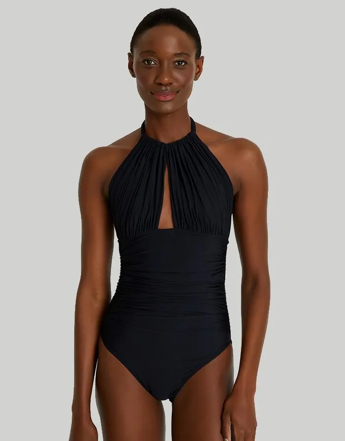 Ruched Halter One Piece Swimsuit Black