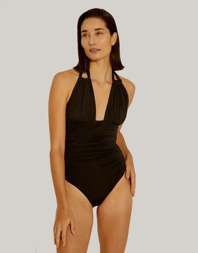 Ruched Halter One Piece Swimsuit Black