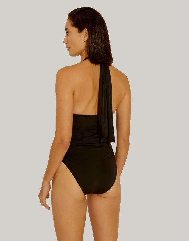 Ruched Halter One Piece Swimsuit Black