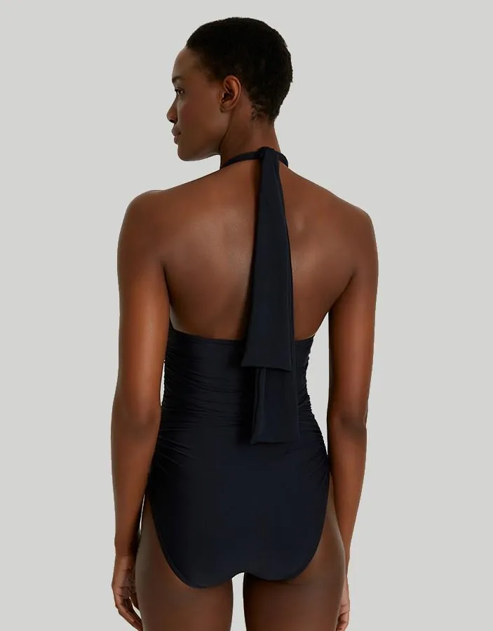 Ruched Halter One Piece Swimsuit Black