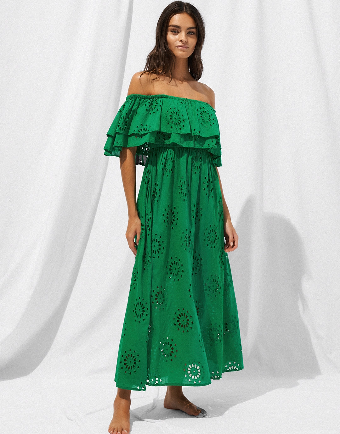 Ruffle Shoulder Maxi Dress - Green Flare