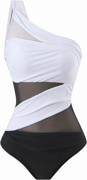 Runtlly Women's One Piece Swimsuits One Shoulder Plus Size Swimwear Bathing Suit with See Through Mesh Style