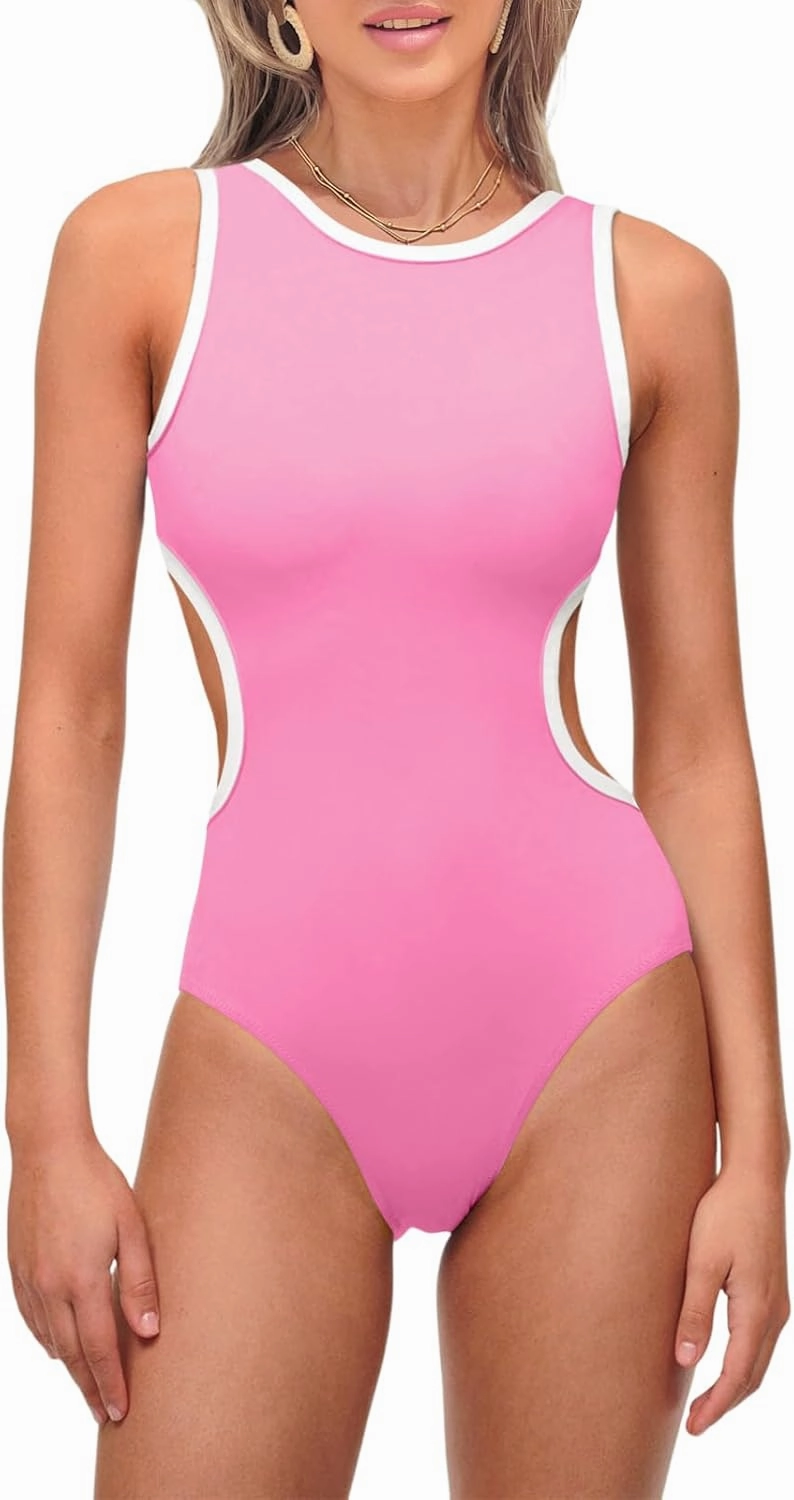 Saodimallsu Womens One Piece Swimsuits High Neck Sexy Cut Out Color Block Low Back Tummy Control Bathing Suit