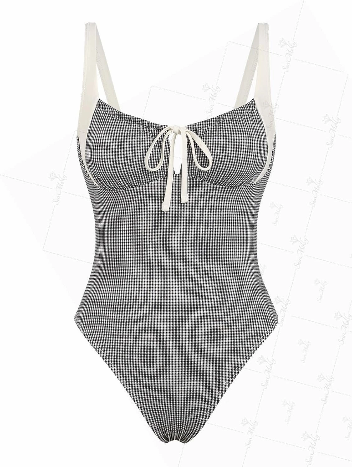 seamoly Blue Gingham Tie Around Criss Cross Backless Plunging Neck One-Piece Swimsuit
