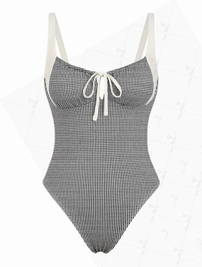 seamoly Blue Gingham Tie Around Criss Cross Backless Plunging Neck One-Piece Swimsuit