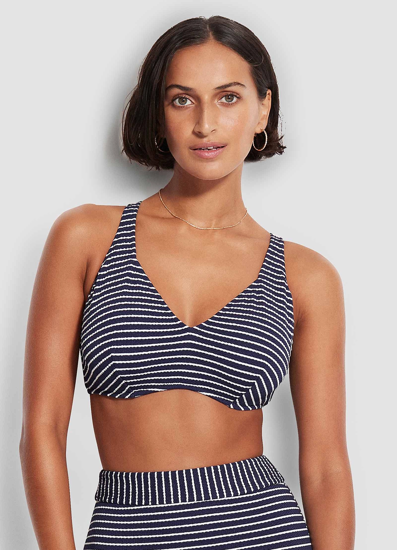 Seaside Stripe F Cup Halter Bra - True Navy