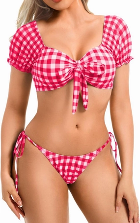Sexy Gingham Bikini,High Cut Low Rise Tie Swimsuit Women,2 Piece Retro Checkered Bathing Suit Beach Pool Party