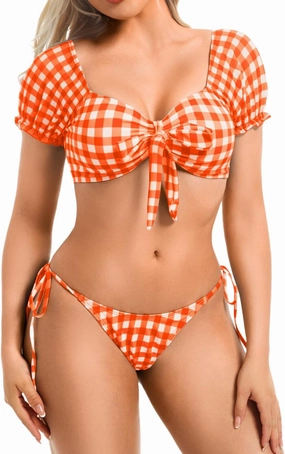 Sexy Gingham Bikini,High Cut Low Rise Tie Swimsuit Women,2 Piece Retro Checkered Bathing Suit Beach Pool Party
