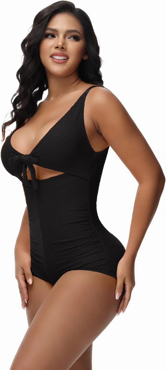 SHAPSHE Women's Tummy Control Swimsuit One Piece Slimming Bathing Suit Cutout Tie Knot Front Bikini Push Up Swimwear