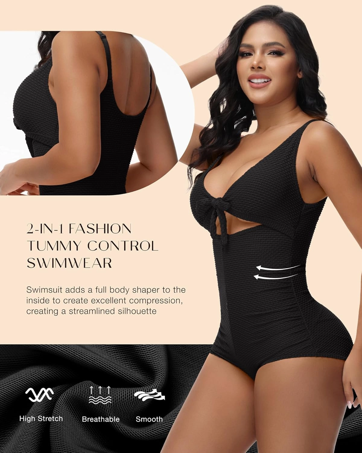 SHAPSHE Women's Tummy Control Swimsuit One Piece Slimming Bathing Suit Cutout Tie Knot Front Bikini Push Up Swimwear