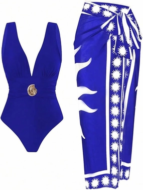 SherryDC One Piece Swimsuit with Cover up Wrap Skirt Sarong Floral Print Plunge V Neck Bathing Suit for Women