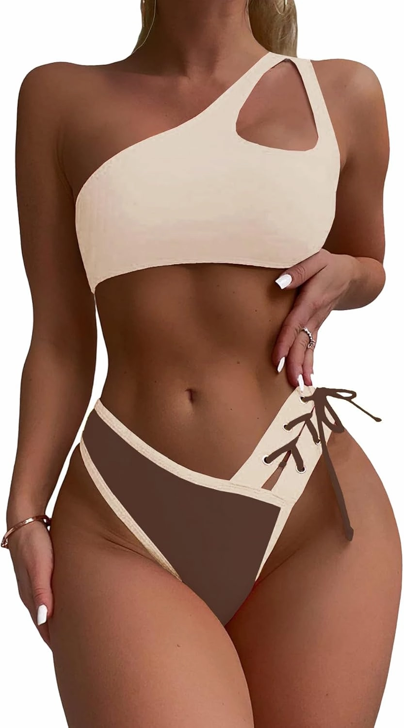 SherryDC Women's Cheeky Cutout One Shoulder Bikini Color Block V Cut High Leg Two Pieces Swimsuit