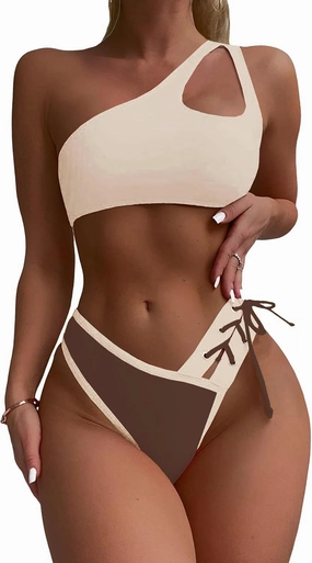 SherryDC Women's Cheeky Cutout One Shoulder Bikini Color Block V Cut High Leg Two Pieces Swimsuit