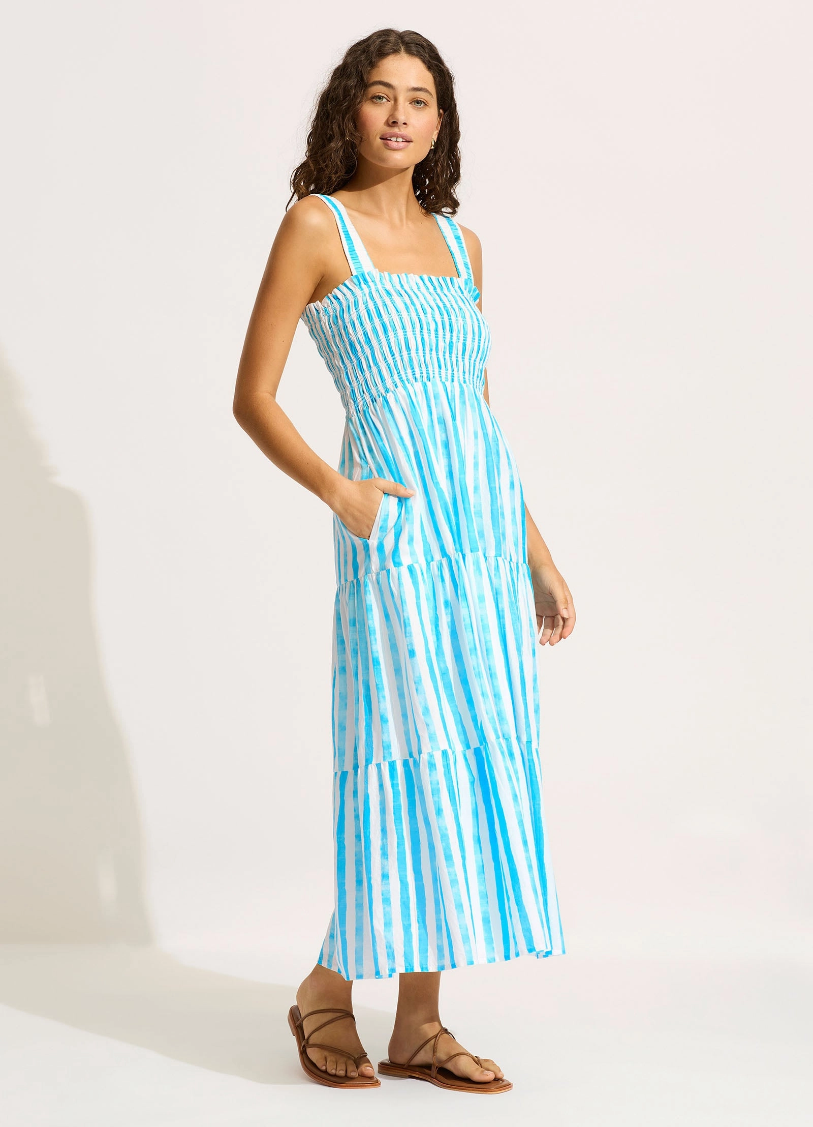 Shirred Midi Dress - Turquoise