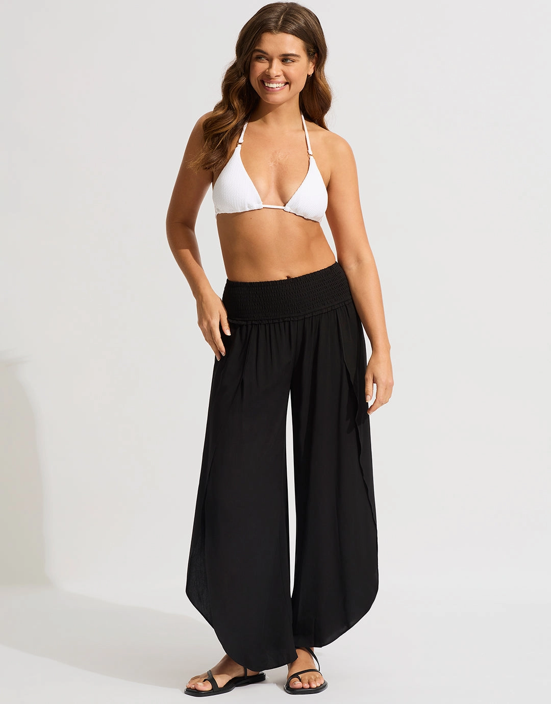 Shirred Waist Wrap Beach Trousers - Black