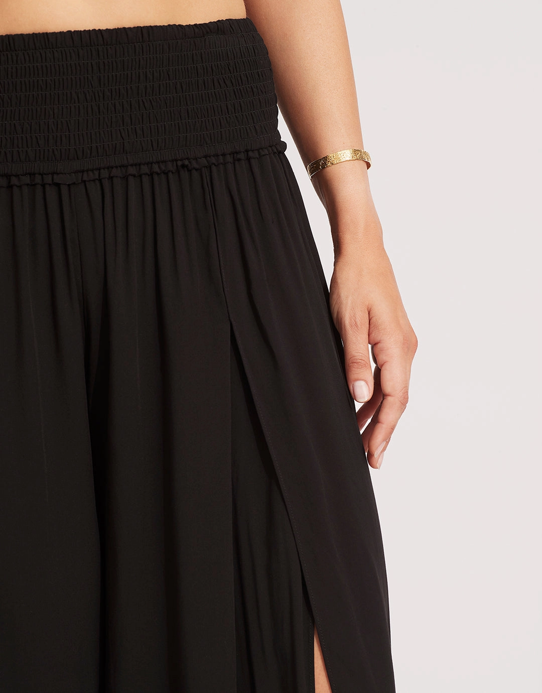 Shirred Waist Wrap Beach Trousers - Black