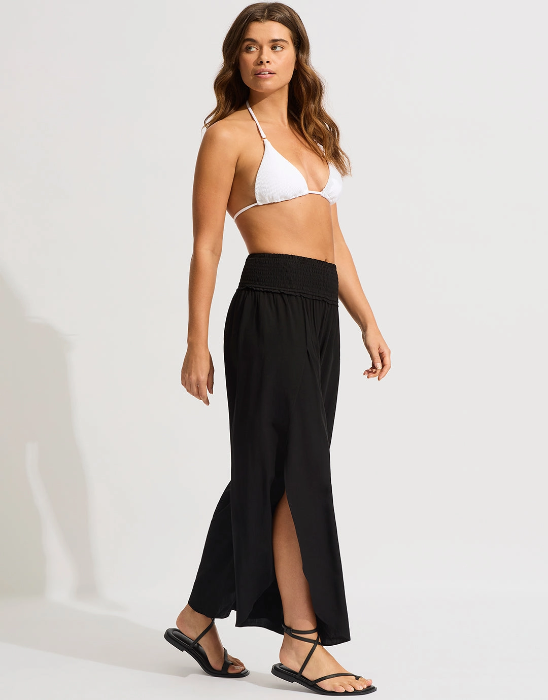 Shirred Waist Wrap Beach Trousers - Black