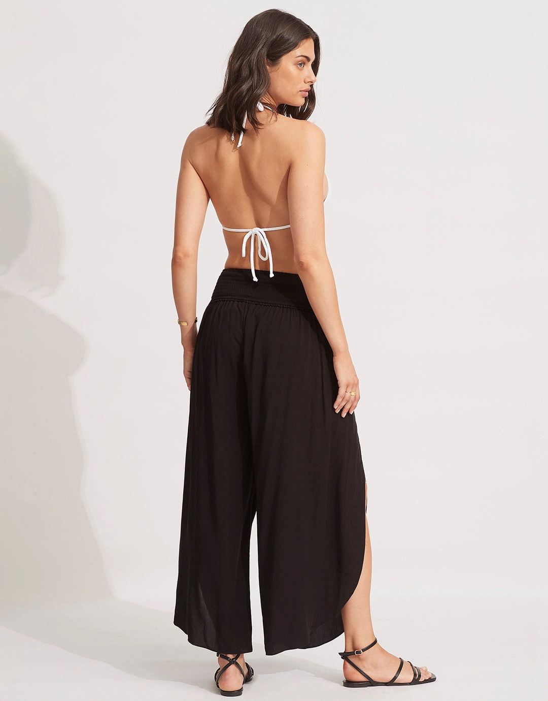 Shirred Waist Wrap Beach Trousers - Black
