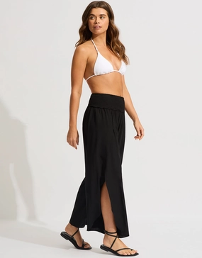 Shirred Waist Wrap Beach Trousers - Black
