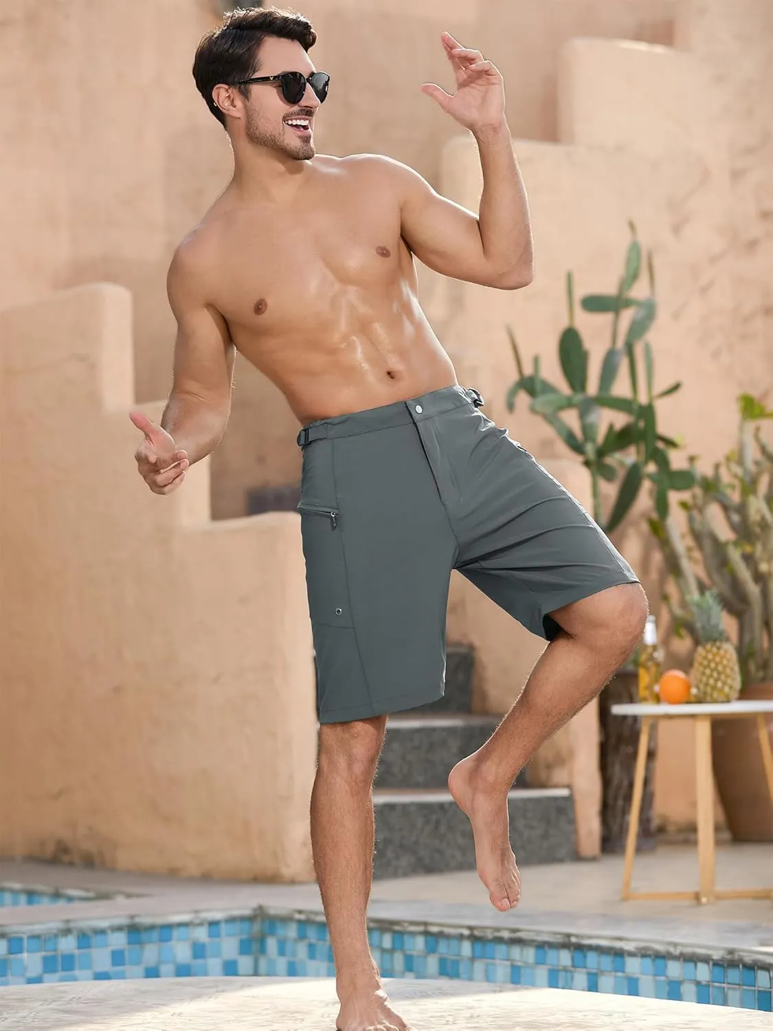 SILKWORLD Mens Swim Trunks Quick Dry 9" Board Shorts with Cargo Zip Pockets-No Liner