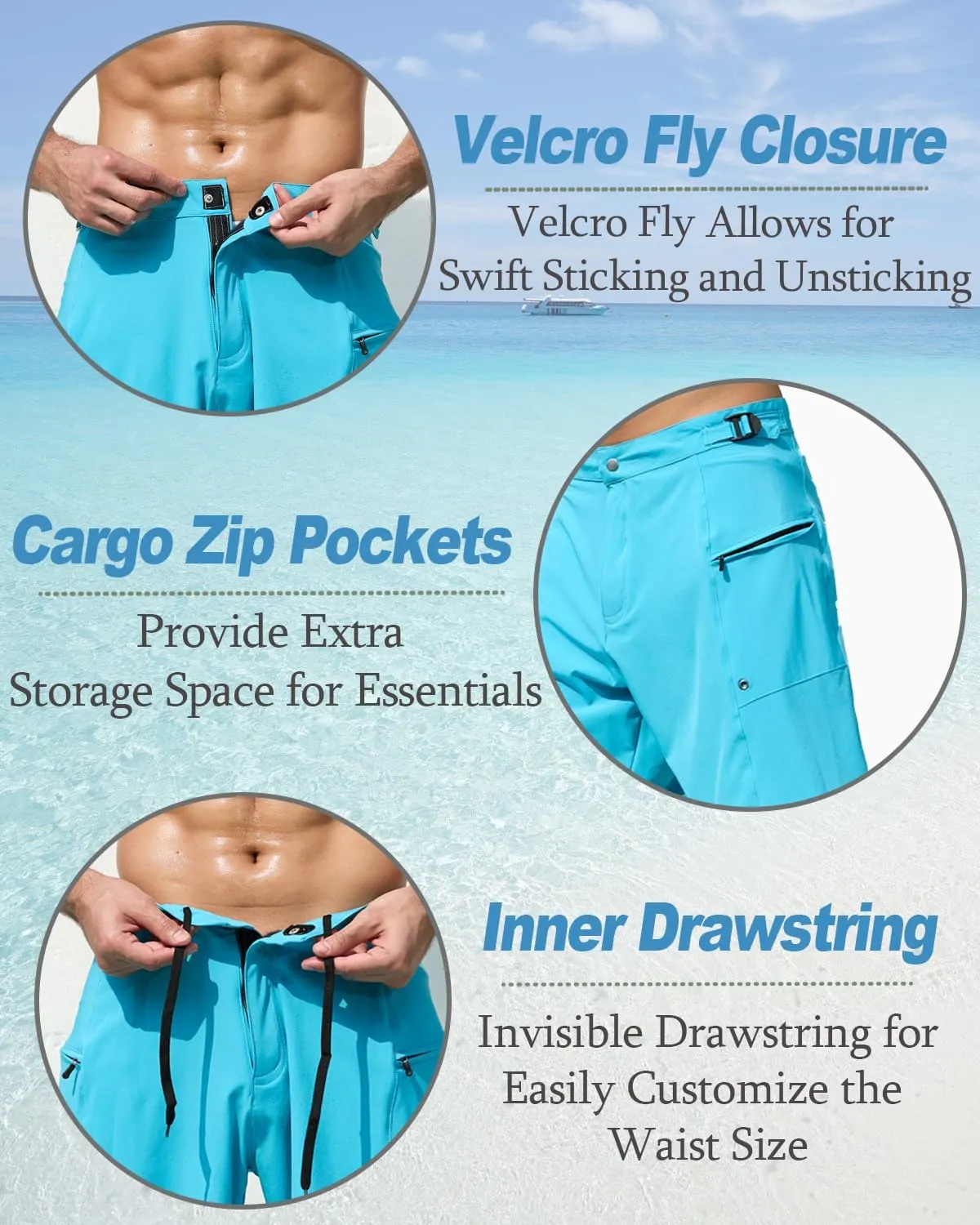 SILKWORLD Mens Swim Trunks Quick Dry 9" Board Shorts with Cargo Zip Pockets-No Liner