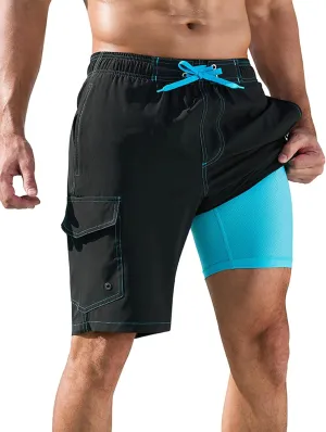 SILKWORLD Mens Swim Trunks with Compression Liner Quick-Dry 10" Stretch Beach Shorts