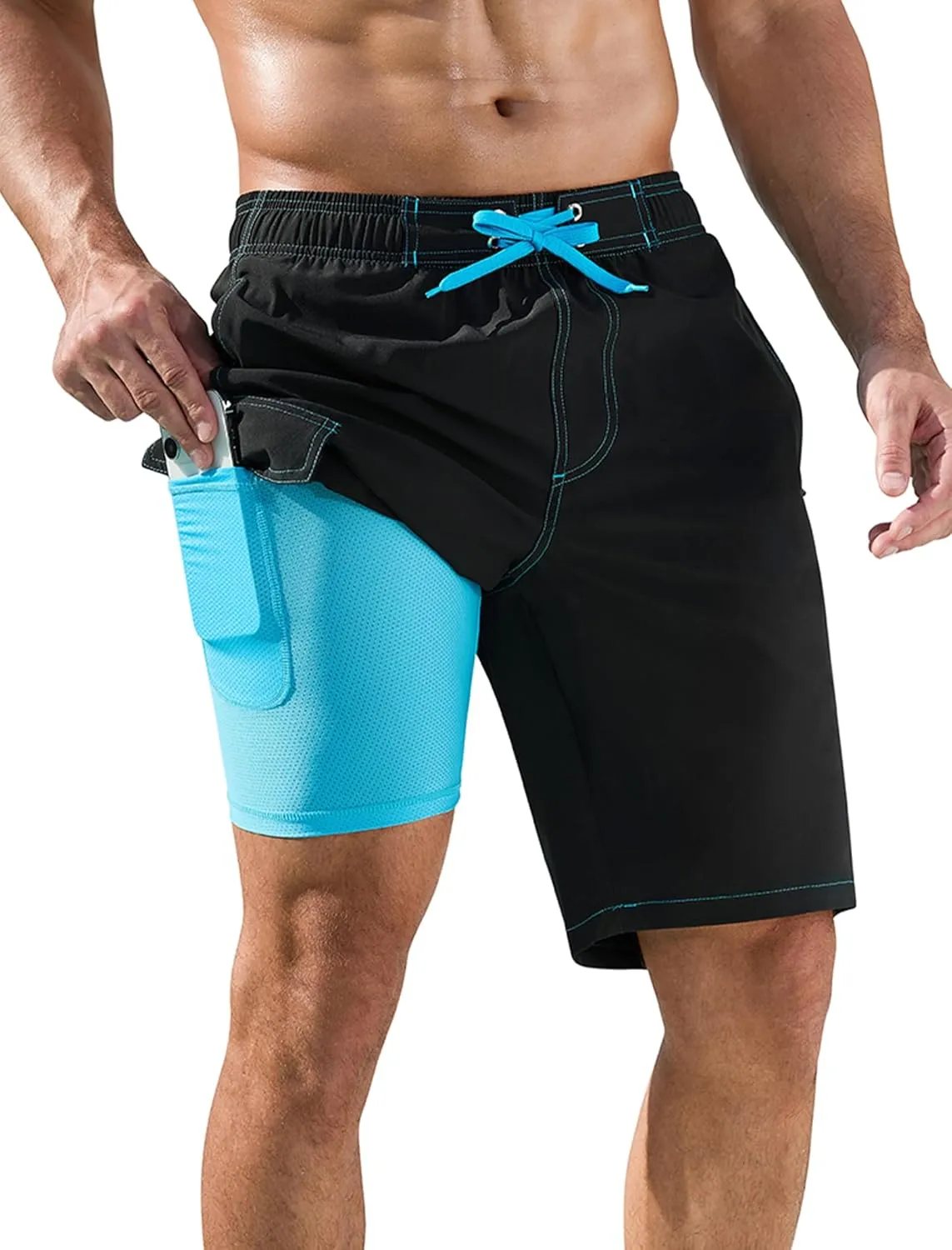 SILKWORLD Mens Swim Trunks with Compression Liner Quick-Dry 10" Stretch Beach Shorts