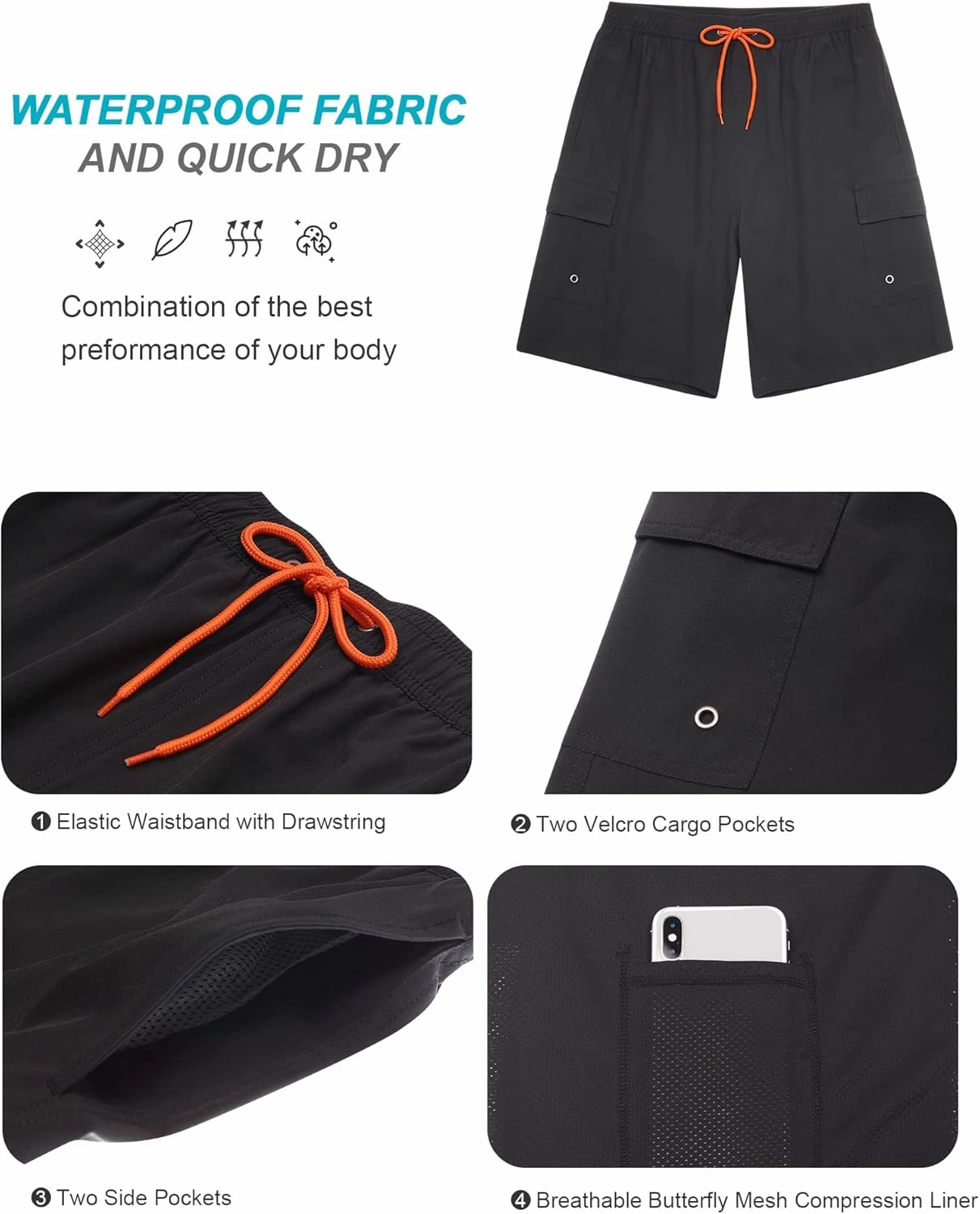SILKWORLD Men's Swim Trunks with Compression Liner Quick Dry Bathing Suits 9 Inch Swimming Shorts with Cargo Pockets