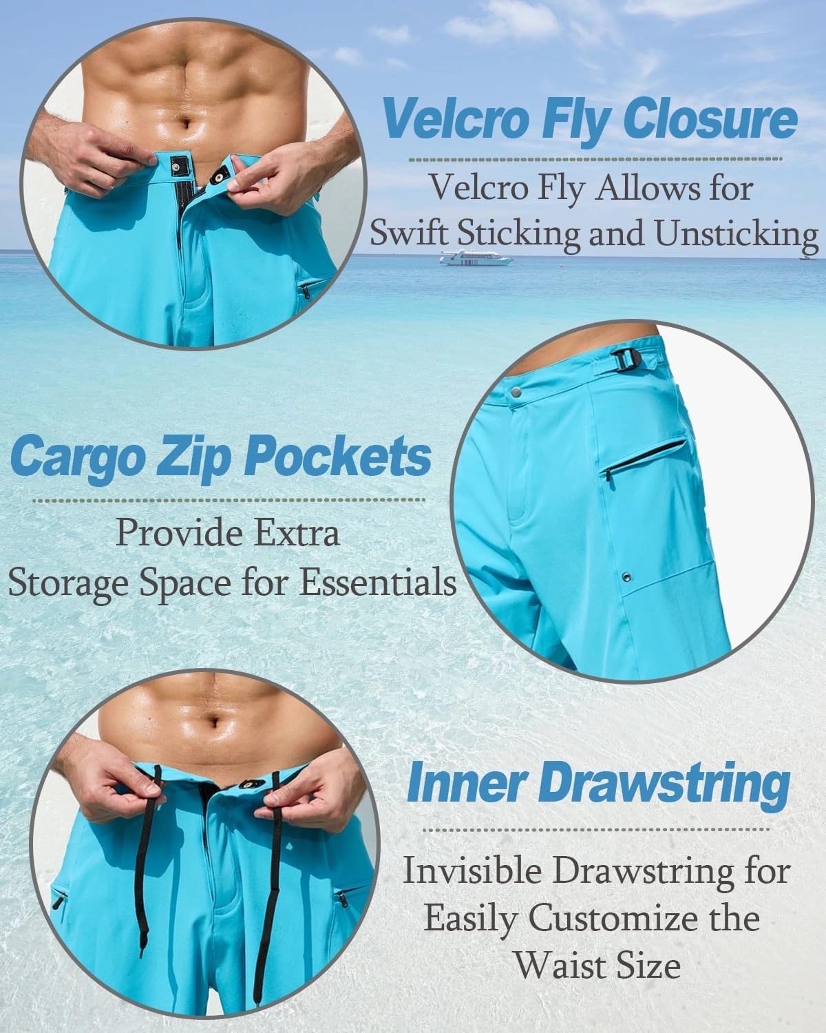 SILKWORLD Mens Swim Trunks Quick Dry 9" Board Shorts with Cargo Zip Pockets-No Liner