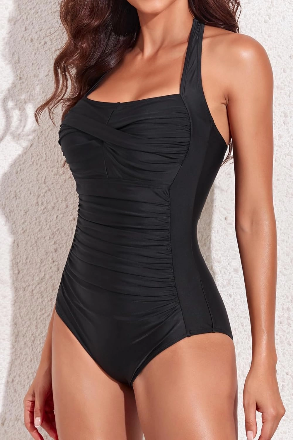 Smismivo Tummy Control Swimwear Halter One Piece Slimming Vintage Retro Swimsuit Womens Ruched Push Up Bathing Suit