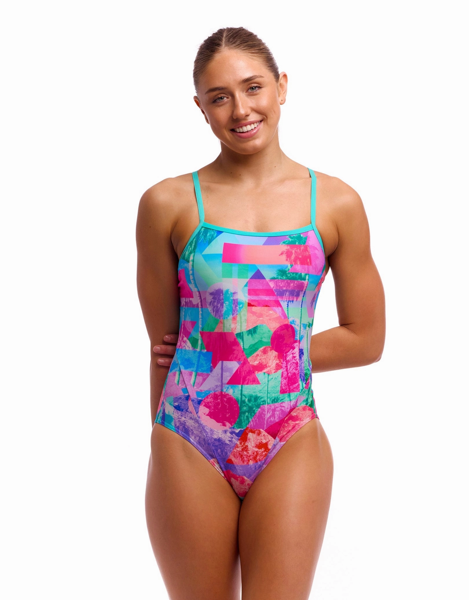 Snap That Single Strap Swimsuit - Mint Green/Pink
