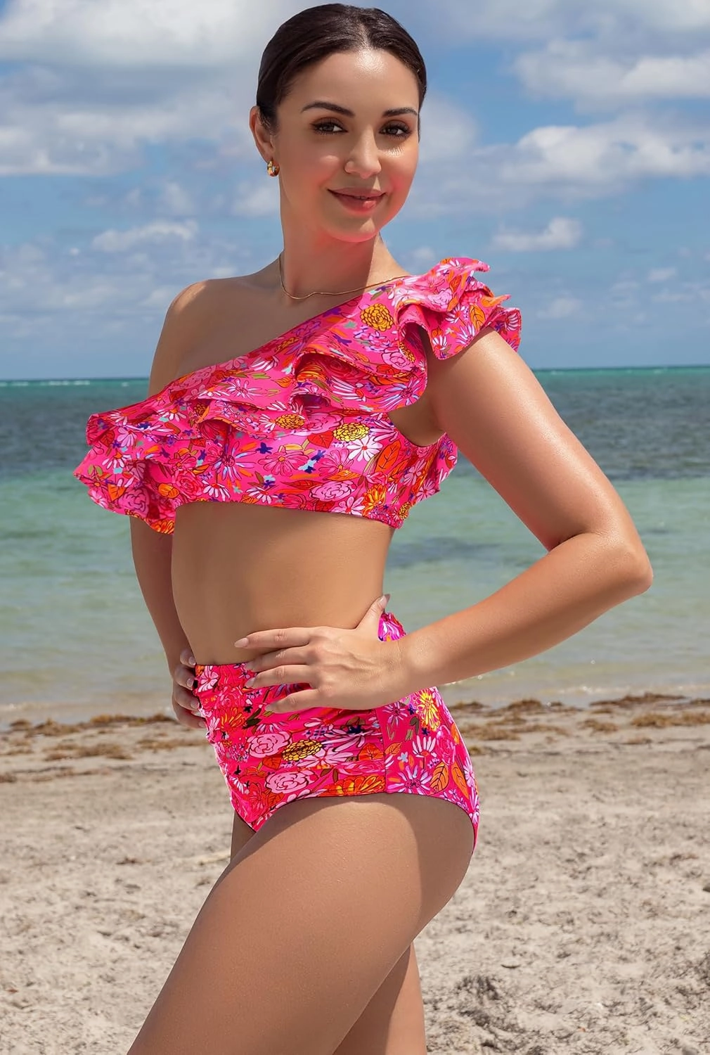 SPORLIKE Women High Waisted Swimsuit Flounce One Shoulder Bikini Padded Bathing Suit