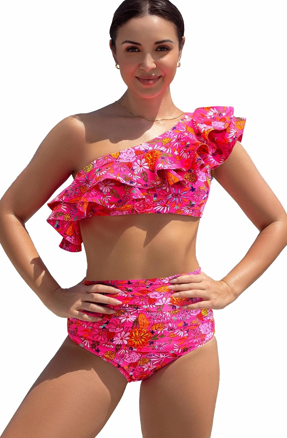 SPORLIKE Women High Waisted Swimsuit Flounce One Shoulder Bikini Padded Bathing Suit